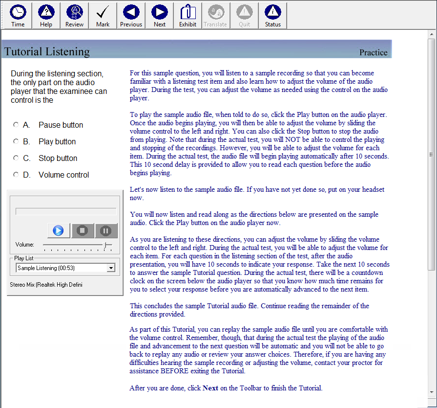 A screenshot of the tutorial is shown, labeled Tutorial Listening: Practice.